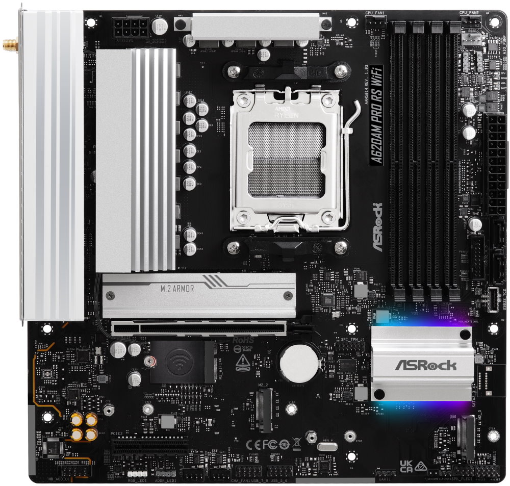 ASRock A620AM Pro RS WiFi / AMD A620A / AM5 / 4x DDR5 DIMM / 3x M.2 / HDMI / DP / USB-C / WiFi / mATX